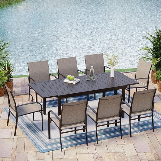 9 Pieces Patio Table and Chairs Set, Patio Dining Set for 8, 8 Textilene Chairs and 1 Expandable Patio Dining Table with Umbrella Hole, for Deck Backyard Lawn Poolside, Brown