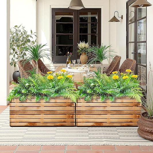 Metal Planter Box Rectangular Planter Box with Drainage Hole, Outdoor Large Planters, All-Weather Use, Rust-Resistance, for Flowers Plants, 32" L × 15" W × 16.3" H, Dark Walnut
