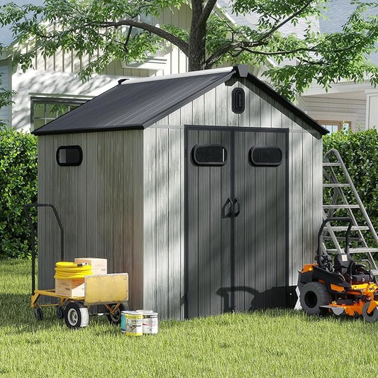 6X6 FT Outdoor Resin Storage Shed, Waterproof Plastic Garden Shed with Lockable Door, Windows & Vents, Outside Storage Tool Shed for Patio Furniture, Lawn Mower, Bike