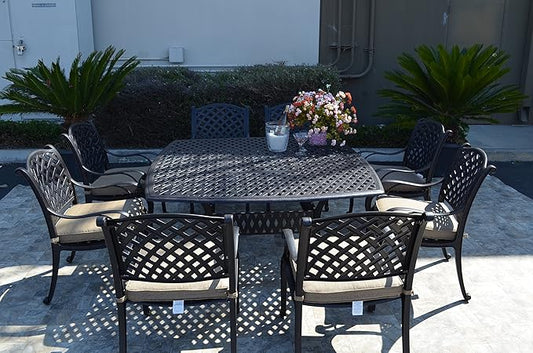 Nassau Outdoor Patio 9-pc Dining Set 64 X 64 Cast Aluminum (9-pc Set (with 8 Regular Chairs), Premium Fabric Sesame Cushions)