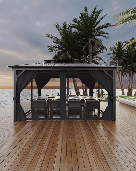 GarveeLife Hardtop Gazebo 12 ft x14 ft for All Weather, with Double Metal Roof, Aluminum Alloy Frame, Net, and Curtain, Permanent Building for Patio, Deck, Backyard, Lawn, and Garden