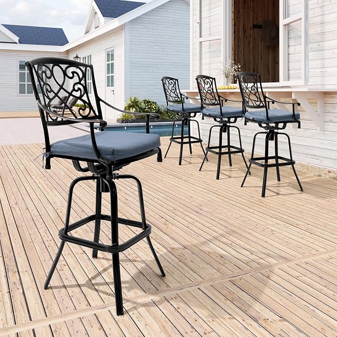 Crestlive Products Outdoor Bar Stools with Sunbrella Cushion Set of 2, 360° Swivel Patio Bar Height Chairs, All Weather Commercial Grade Furniture, Antique Brown Finish for Outside (Denim Blue)