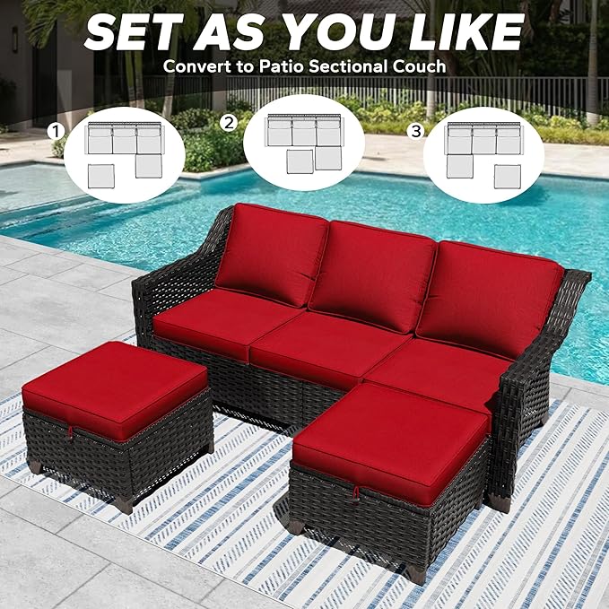 3 Pieces Outdoor Conversation Furniture Set - 77" Patio Sofa, 2 Rattan Wicker Ottomans, Patio Wicker Couch Set with Water-Resistant and Washable Cushions for Sunroom, Deck, Porch (Red)