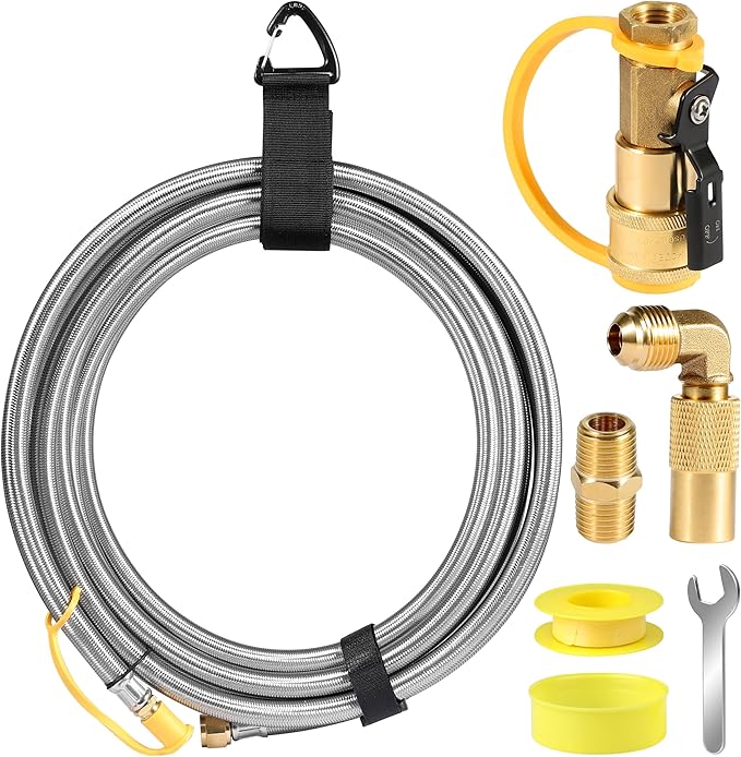 12FT Propane Quick Connect Hose for RV to Gas Grill, RV Quick Connect Propane Hose with 1/4" Safety Shutoff Valve, Female Quick Disconnect with Elbow Adapter for Blackstone 17"/22" Griddle