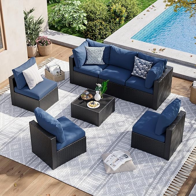 Aoxun 7 Piece Patio Furniture Set Wicker Rattan Patio Sectional Sofa Set Outdoor Seating Furniture with Thickened Cushion, Navy Blue