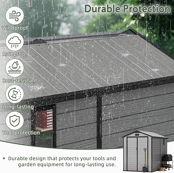 6×8FT Plastic Outdoor Storage Shed, Double Door Tool Shed with Transparent Roof and Vent, Lockable Door with Key, Storing Patio Furniture, Gardening Tools, and Bicycle Accessories.