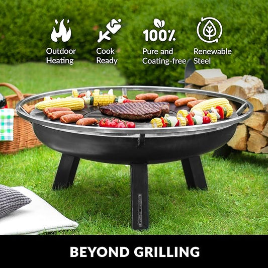 Ember 32" Handcrafted Cooking Fire Pit with Cooking Grill Plate Attachment for Wood Burning Fireplace for Backyard Grilling Campfire for Camping, Large Outdoor Natural Steel Firepit by Good Directions