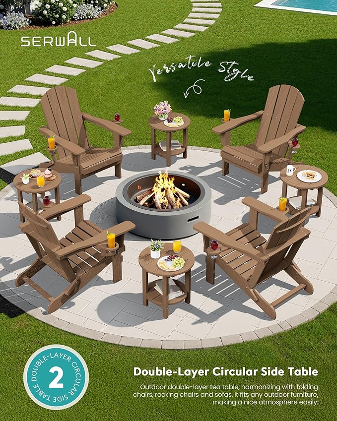 SERWALL Round Outdoor Side Table Set of 2, HDPE Small Adirondack Double End Table, Brown
