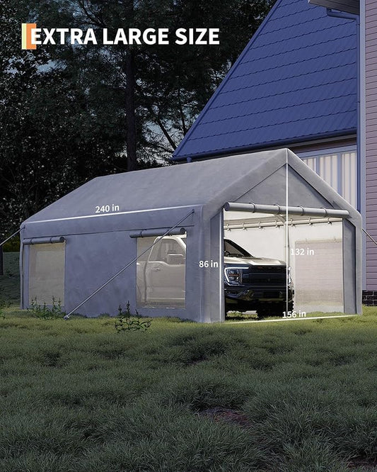 13X20 FT Portable Carport Garage with Roll-Up Windows & Doors, Heavy-Duty 200g PE Tarp, Waterproof & UV Protected Outdoor Shelter for Car, Boat, Truck, Motorcycle