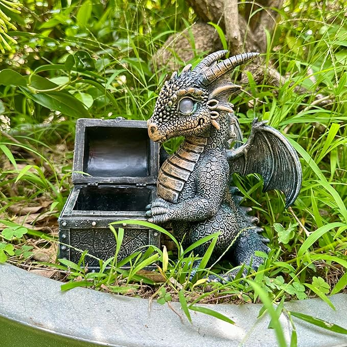 Jy.Cozy Garden Dragon Statue Solar Powered Outdoor Figurine Light Decor Cute and Hold Glowing Treasure Chest Resin Sculpture Home Decoration for Porch Patio Lawn Farm Yard Housewarming Ornament Gift