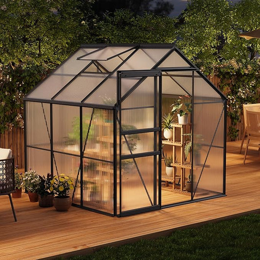 Garvee 6 x 6 FT Outdoor Greenhouse, Polycarbonate Greenhouses with Aluminum Frame, Sliding Door, Adjustable Roof Vent for Backyard, Green Houses for Outside Garden Backyard, Patio, Black