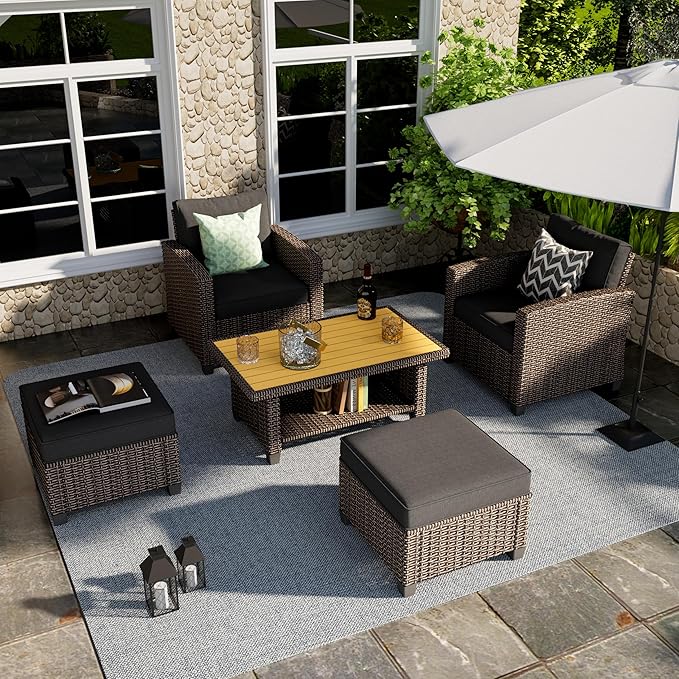 Outdoor Patio Sectional Sofa Set, 4-Piece Rattan Furniture, Patio Conversation Sets with Fire Pit, Swivel Sofa, Seats 2, Dark Grey