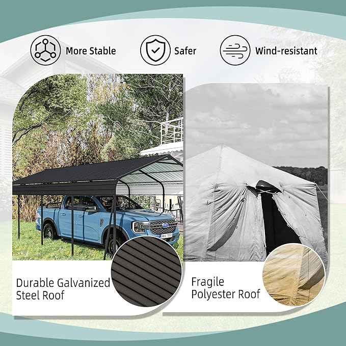 Ball & Cast 12x20 FT Carport,Heavy Duty Carport Canopy with Galvanized Steel Roof,Metal Carport with Enhanced Base,Oversized Garage Shed Outdoor Shelter for Car, Boats and Tractors,Dark Gray