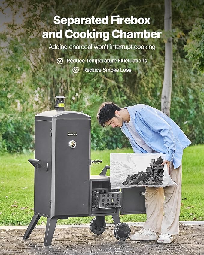 VEVOR Charcoal Offset Smoker, Heavy-Duty Steel BBQ Offset Smoker with Side Firebox, Movable Outdoor Barbecue Smokers with 6 Adjustable Grates, Thermometer & Air Vents for Backyard Patio Party Cooking