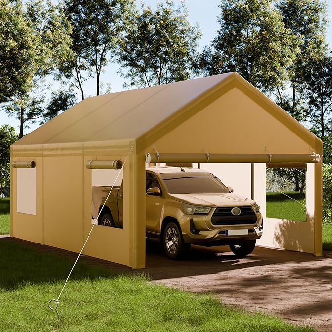 Shintenchi Portable Garage Canopy,10x20 FT Heavy-Duty Design Carport,Carport Canopy with Side-Opening Removable Door & Roll-Up Window,Portable Car Port for Car, Truck, Boat,Khaki