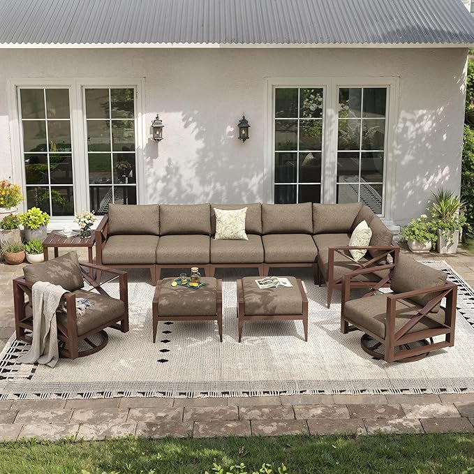 Aluminum Patio Furniture Set,8-Seats Patio Sectional Conversation Sofa with 6" All-Weather Cushions and 2 Swivel Rocking Chairs & 2 Ottomans,Furniture Set(Brown)