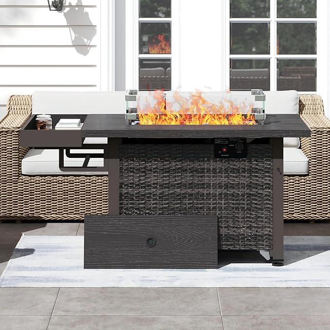 52 Inch Wicker Patio Fire Table, 50,000BTU Propane Fire Pit Table with Glass Wind Guard, Side Basket, Cover and CSA Certified, Outdoor Fire Pit for Garden, Backyard, Balcony, Poolside, Brown