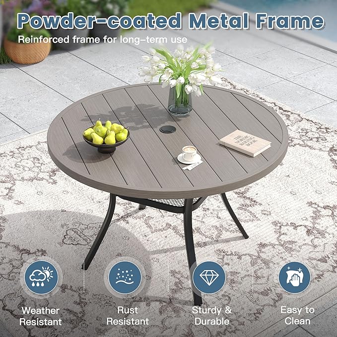 DIFY Outdoor Dining Table for 4, Round Patio Table with Umbrella Hole for Garden, Backyard and Porch (Grey)