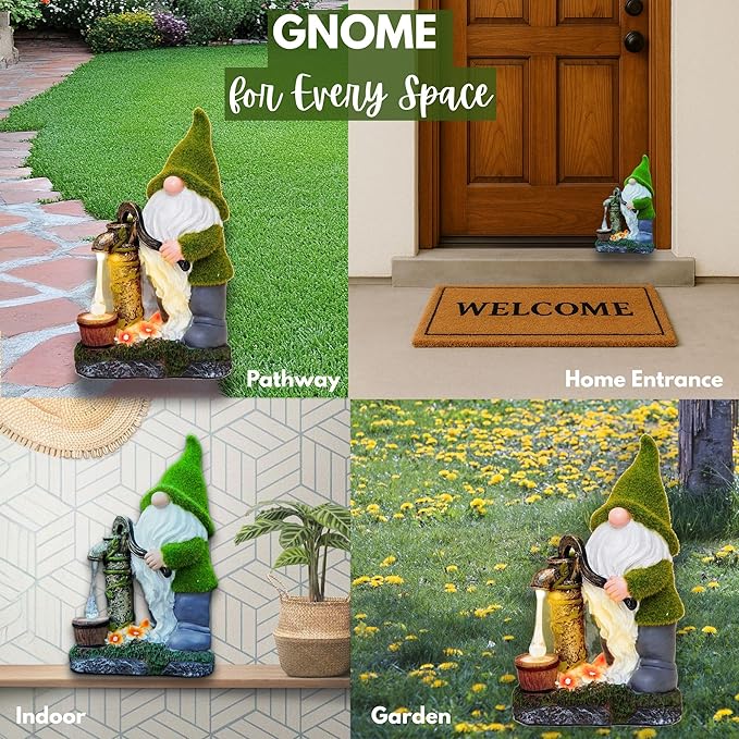 Water Pump Gnome Garden Decor for Yard/Lawn/Patio/Deck - Outdoor Weatherproof Statue with Solar Light - Moss Effect - Fun Spring & Summer Charming Gnomes Gifts for Women (Forest Green)