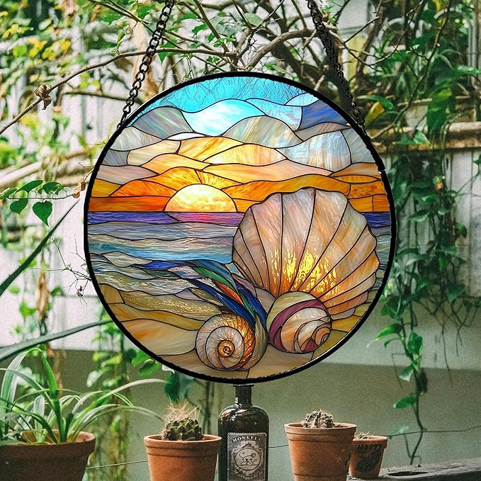 AMDERVEN Stained Glass Window Hanging - Colorful Beach Shells Conch Sun Catcher for Door Home Decor Ocean Suncatcher Christmas Mother's Day Birthday Sea Lover Gifts for Women Men Mom Nana 9.8 in
