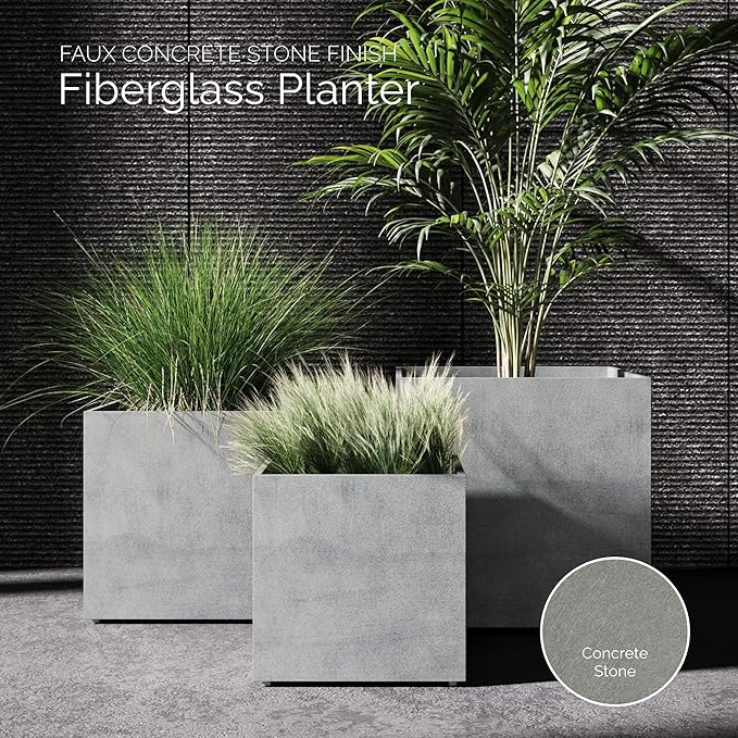 Reglito Cube Planter – Fiberglass Indoor/Outdoor and Weather-Resistant Large Planter (Concrete Stone, 31.5" L x 31.5" W x 32.1" H)