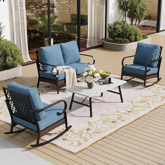 4 Piece Metal Outdoor Patio Furniture Sets, Patio Conversation Sets with 5.75" Thick Cushion, Patio Loveseat and Rocking Chair wth Coffee Table, Balck Backyard Furniture, Denim Blue