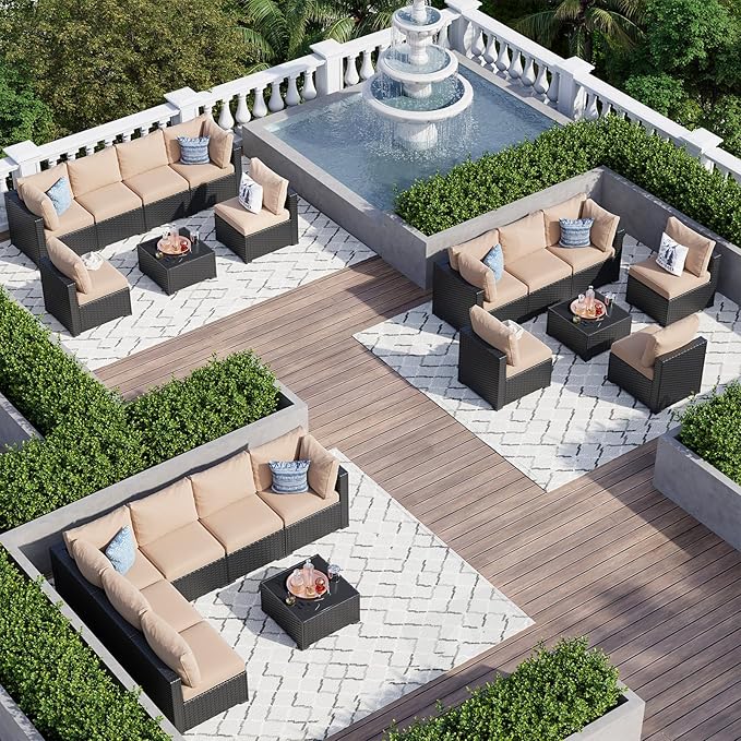 Aoxun 7 Piece Patio Furniture Set Rattan Rattan Patio Sectional Sofa Set Outdoor Seating Furniture with Thickened Cushion, Beige