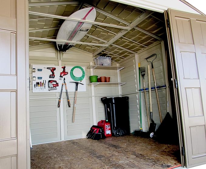 Duramax Woodbridge Plus 10.5 x 8 (8.02 m2) Plastic Garden Shed with 1 Fixed Window & Metal Foundation Kit, Strong Metal Roof Structure Fire Retardant and Maintenance-Free Storage Shed - Ivory/Brown