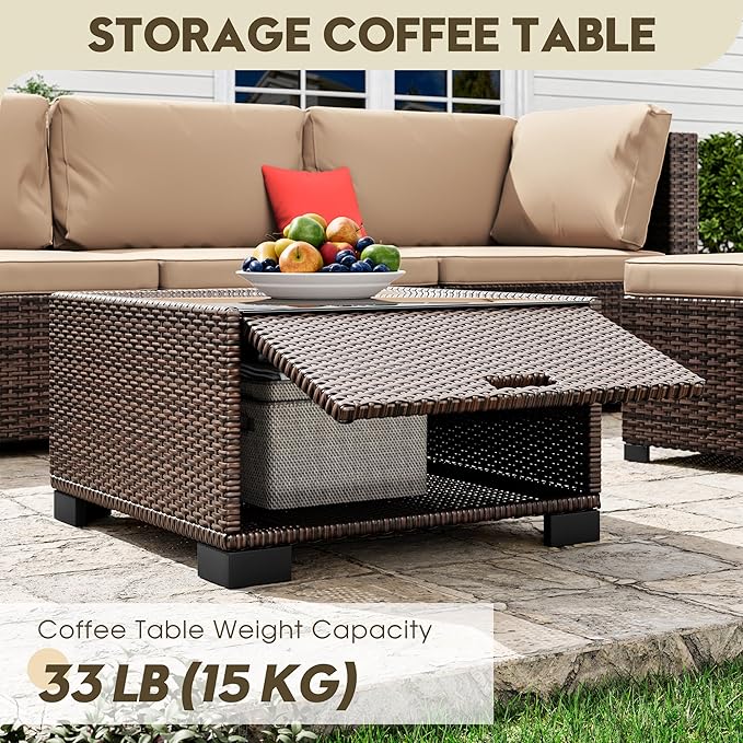7 Piece Patio Sectional Furniture Set Outdoor Furniture Brown Rattan Outdoor Sectional & Patio Sectional - Hand-Woven Wicker Outdoor Sectional Beige Cushions Glass Table