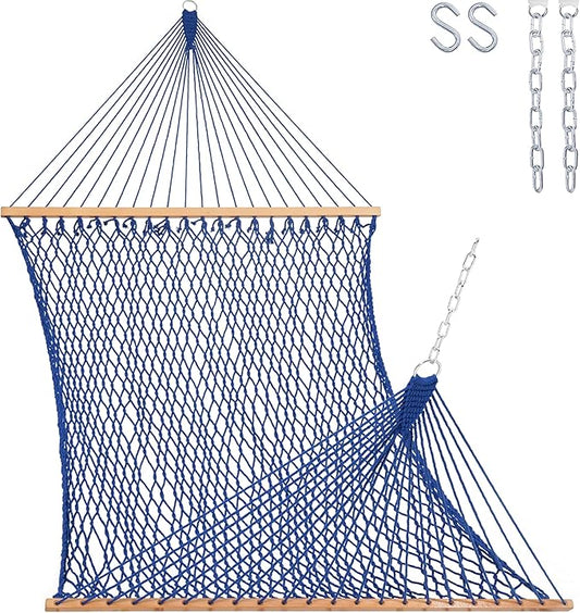 Lazy Daze Hammocks 12FT Double Rope Hammocks, 2 Person Hand Woven Cotton Hammock with Spreader Bar for Outside, Patio, Poolside, FIT 13-15 Foot Stand, Max 450 Lbs, Blue, 141 x 57 inches