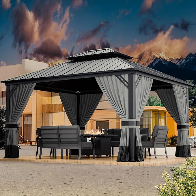 12x14ft Hardtop Gazebo Double Roof, Outdoor Pavilion with 2-Layer Hard top Galvanized Iron Frame Garden Tent, Suitable for courtyards, backyards, Decks, and Grass