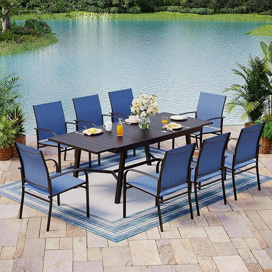 9 Pieces Patio Table and Chairs Set, Patio Dining Set for 8, 8 Blue Textilene Chairs and 1 Expandable Patio Dining Table with Umbrella Hole, for Deck Backyard Lawn Poolside