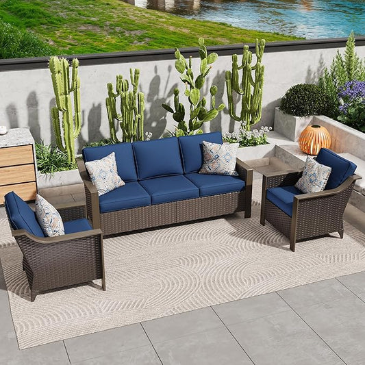 3 Pieces Outdoor Patio Conversation Furniture Set - 75" 3-seat Sofa | 2 Wicker Chairs, Deep Seat Couch, Removable Cushions, PE Rattan, Metal armrests, Yard (Navy Blue)