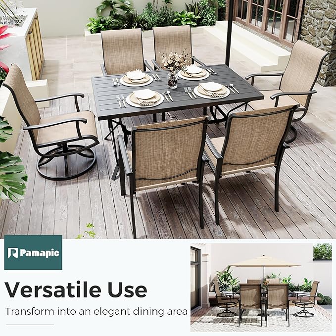 Pamapic 7-Piece Outdoor Dining Set, Patio Dining Set for 6, All-Weather Outdoor Patio Set with 2 Textilene Swivel Chairs & 4 Regular Chairs for Garden, Poolside, Deck，Beige