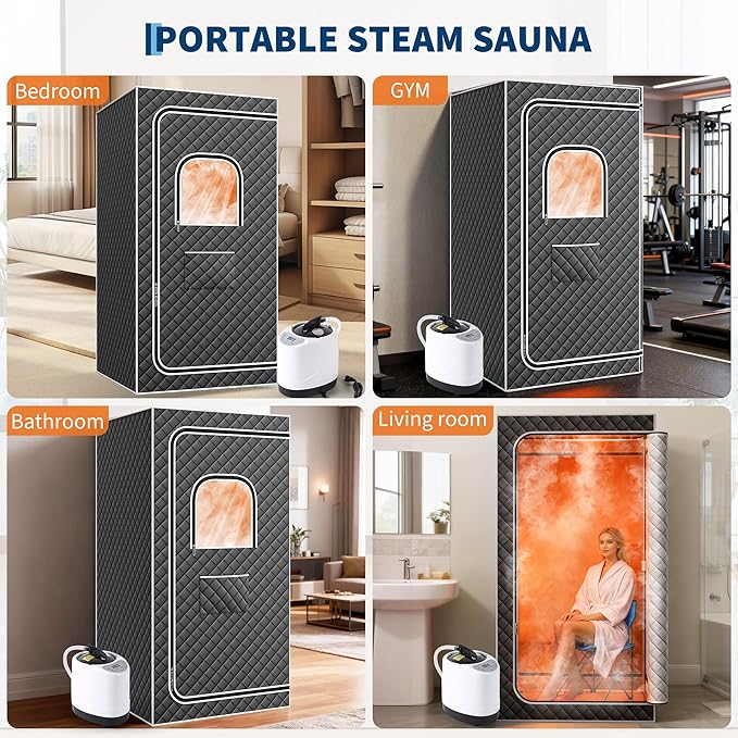Portable Sauna Box for Home, Personal SPA Steam Sauna with 10 Min Fast Heating，Warm Sauna Tent with 3L/1200W Steamer, 9 Levels, Steam Sauna Tent with 600D, Easy Setup Foldable Sauna for Home Spa（Grey）