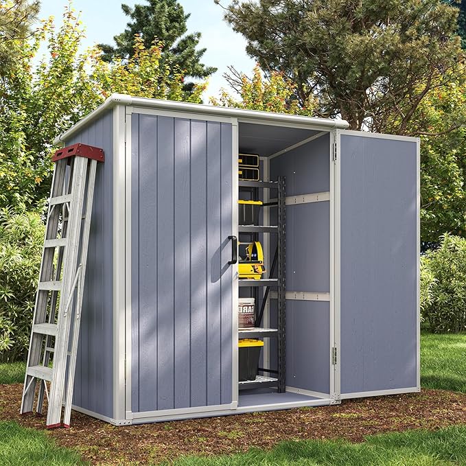 Aoxun 5 x 3 FT Outdoor Storage Shed, Resin Shed with Floor & Lockable Doors, Small Garden Shed Waterproof Plastic Tool Shed with Sloped Roof for Backyard, Garden, Patio, Lawn, Grey