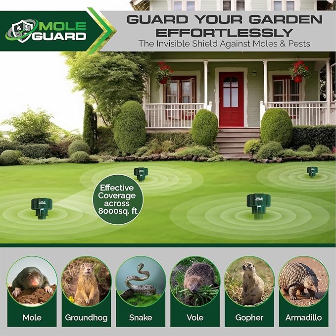 Mole Repellent Solar Powered Ultrasonic, Waterproof Solar Groundhog Repeller Snake & Gopher Deterrent, Spike to Get Rid of Burrowing Rodents, Vole Repellent, Pest Control for Lawn & Garden 4 Pack