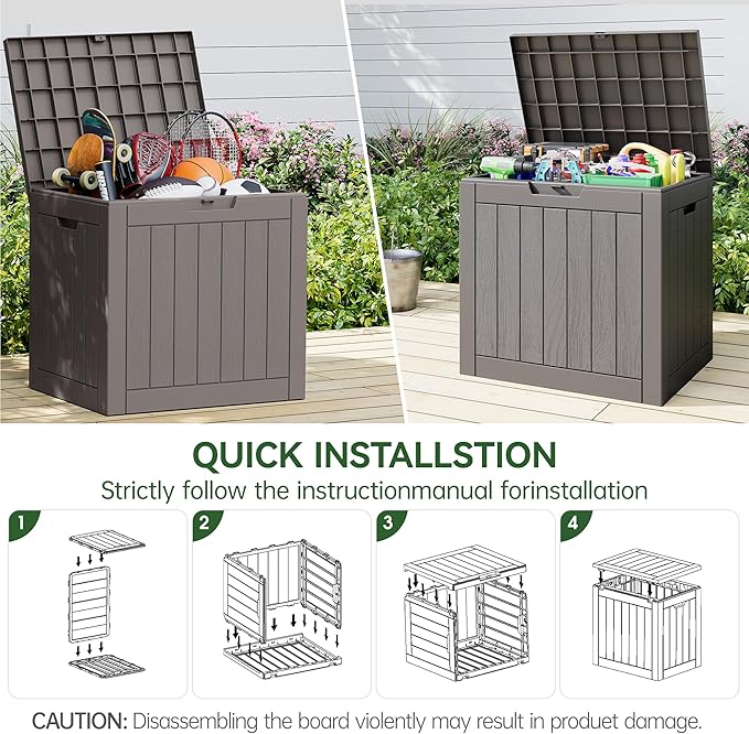 31 Gallon Outdoor Storage Deck Box Waterproof,Garden Tool,Backyard Cushion,Poolside Storage,Small Delivery Boxes for Outside,Lockable Lid,Wood-like Striped Black
