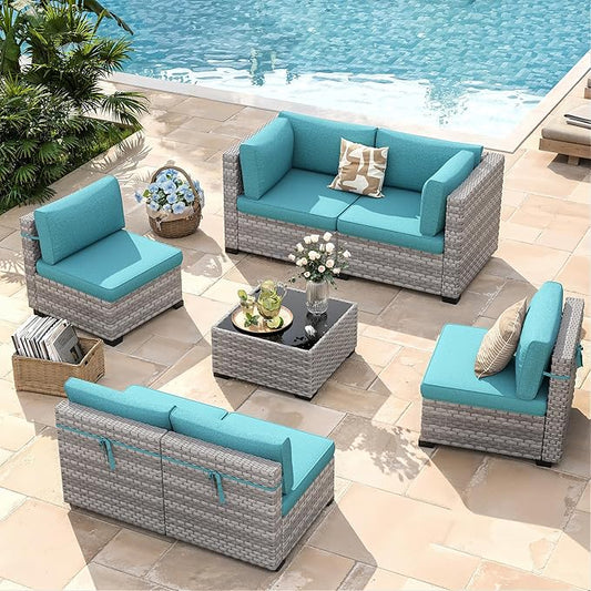 6-Seat Modular Patio Furniture Set – Outdoor Wicker Sectional Sofa with Thick 4″ Cushions, Dual-Strand PE Rattan, Rust-Resistant 18 mm Steel Frame, Backyard Garden Deck Lounge,Blue