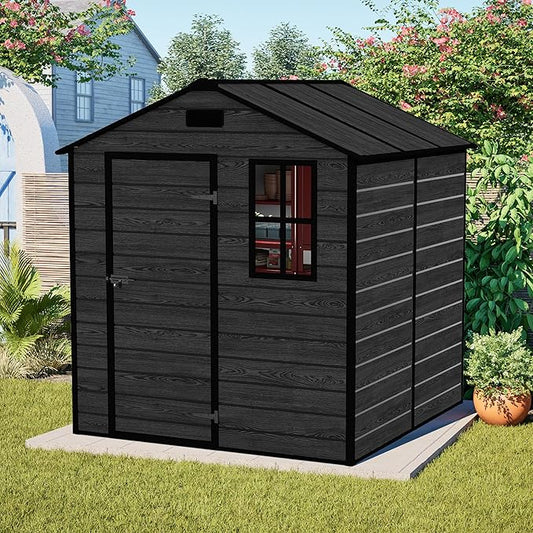 Outdoor Storage Resin Shed with Floor, Waterproof Plastic Garden Bike Shed with Lockable Door, Sloped Roof, Vents & Windows, Tool Shed for Patio, Backyard, Lawn (Wood Grain Black, 5.5X5.5FT)