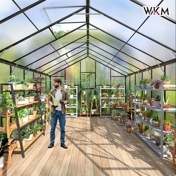 WKM 10x16 FT Greenhouse for Outdoors, Polycarbonate Greenhouse with Roof Vent and Quick Setup Structure, Enhanced Aluminum Green House for Garden Backyard, Black