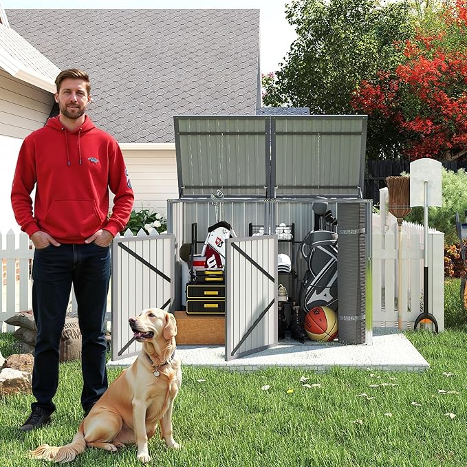 Outdoor Storage Shed Metal Trash Can Storage,54 Cu.Ft Garbage Can Storage Shed W/Lid Chain,Hydraulic Mechanism & Pneumatic Spring Support Rods,for 2 Trash Bins,Bike,Garden Tools,Light Gray