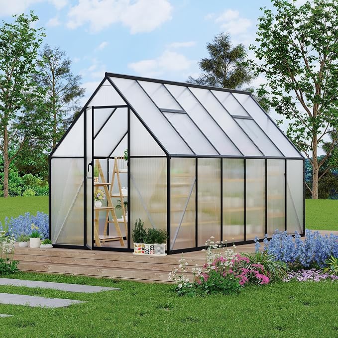 Polycarbonate Greenhouse for Outdoors, Large Walk-InGreenhouse with Quick Setup Structure and Roof Vent, Greenhouse with Ventilation