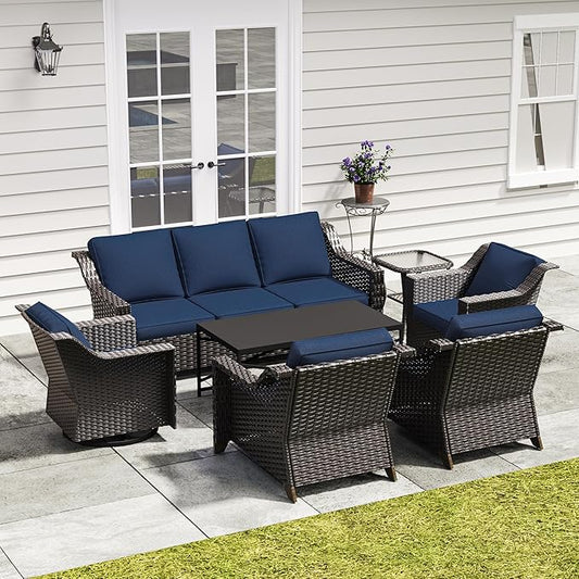 7 Pieces Outdoor Conversation Furniture Set - 77" Patio Sofa, 2 Armchairs, 2 Swivel Glider Chairs, 1 Side Table, 1 Metal Table, Wicker Couch with Washable Cushions for Porch (Navy Blue)