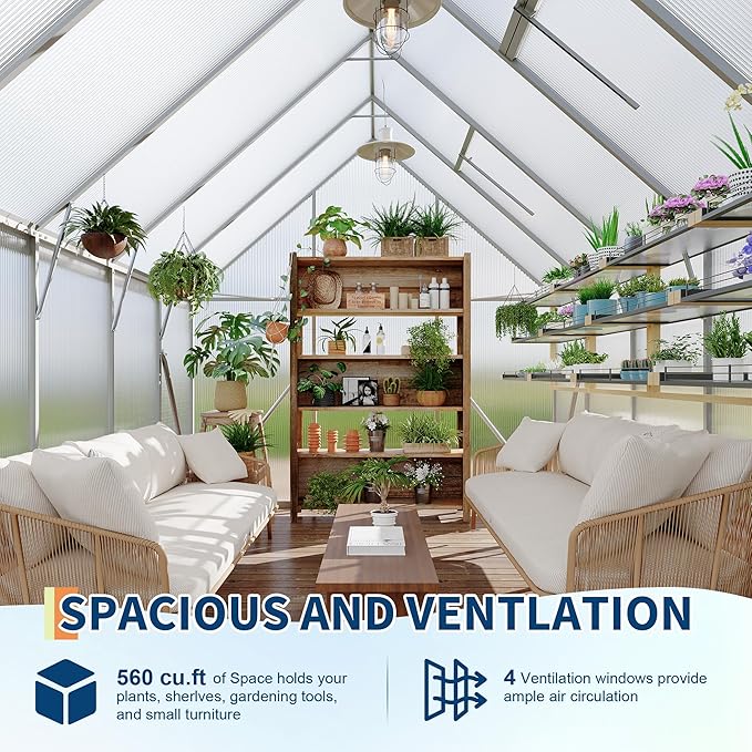 Polycarbonate Greenhouse for Outdoors, Large Walk-InGreenhouse with Quick Setup Structure and Roof Vent, Greenhouse with Ventilation