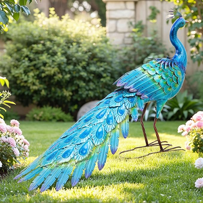 Ultym 31" Metal Peacock Yard Decor - Handmade Oversize Peacock Sculptures with Stable Ground Stakes, Backyard Decoration, Metal Garden Art