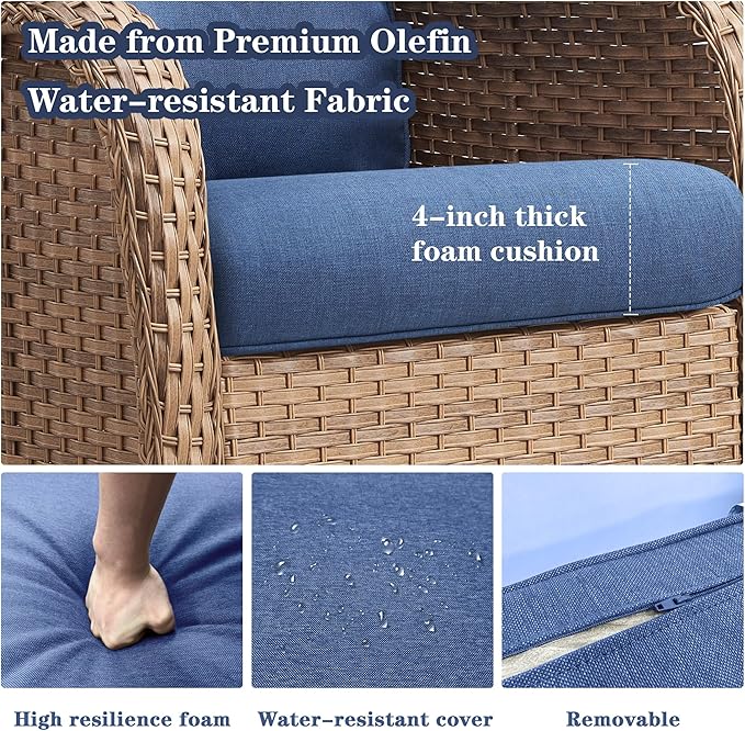 Belord Wicker Outdoor Furniture Patio Furniture Set - 6 Piece Patio Conversation Set with Swivel Rocker Chairs, Loveseat Sofa, Ottomans and Coffee Table, Blue Cushion