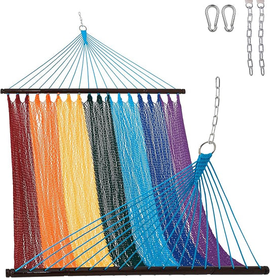 Lazy Daze Hammocks 10.5 FT Double 2 Person Caribbean Rope Hammock, Hand Woven Polyester Hammock with Spreader Bars, for Outside Outdoor Backyard Patio Poolside, 450 LBS Capacity, Rainbow