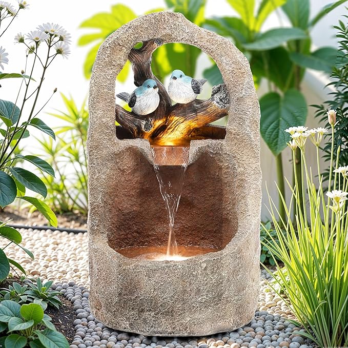 Autodaya 27" Outdoor Water Fountain with LED Lights,2-Tier Bird Natural Zen Garden Fountain, Relaxing Waterfall Floor, Yard, Porch or Deck Decor, Whether-Resistant, Faux Granite Texture