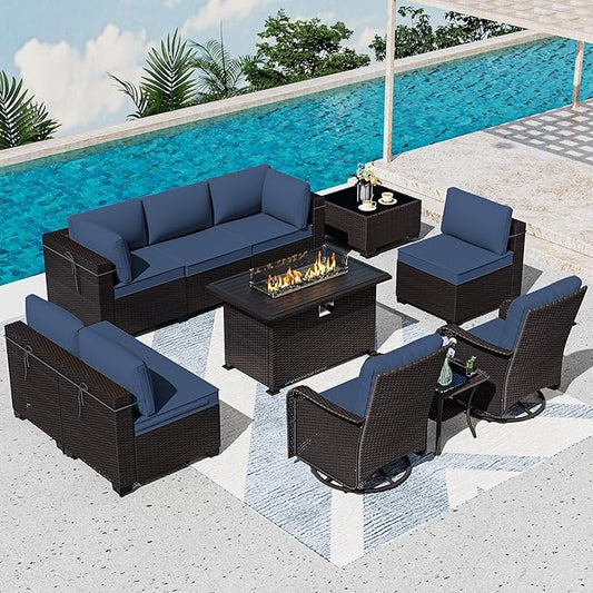 11 Pieces Patio Furniture Set with 2 Swivel Chairs Patio Furniture Outdoor Sectional Sofas with 55000 Gas Fire Pit Patio Conversation Set w/7 Cushions